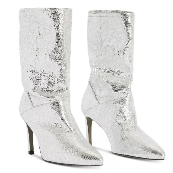 AllSaints Orlana Sequin Boots 5 NWOT Silver Gray Slouch Ankle Booties Cocktail - Picture 1 of 11